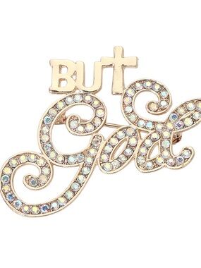 Gold-tone "But God" Crystal Script Brooch